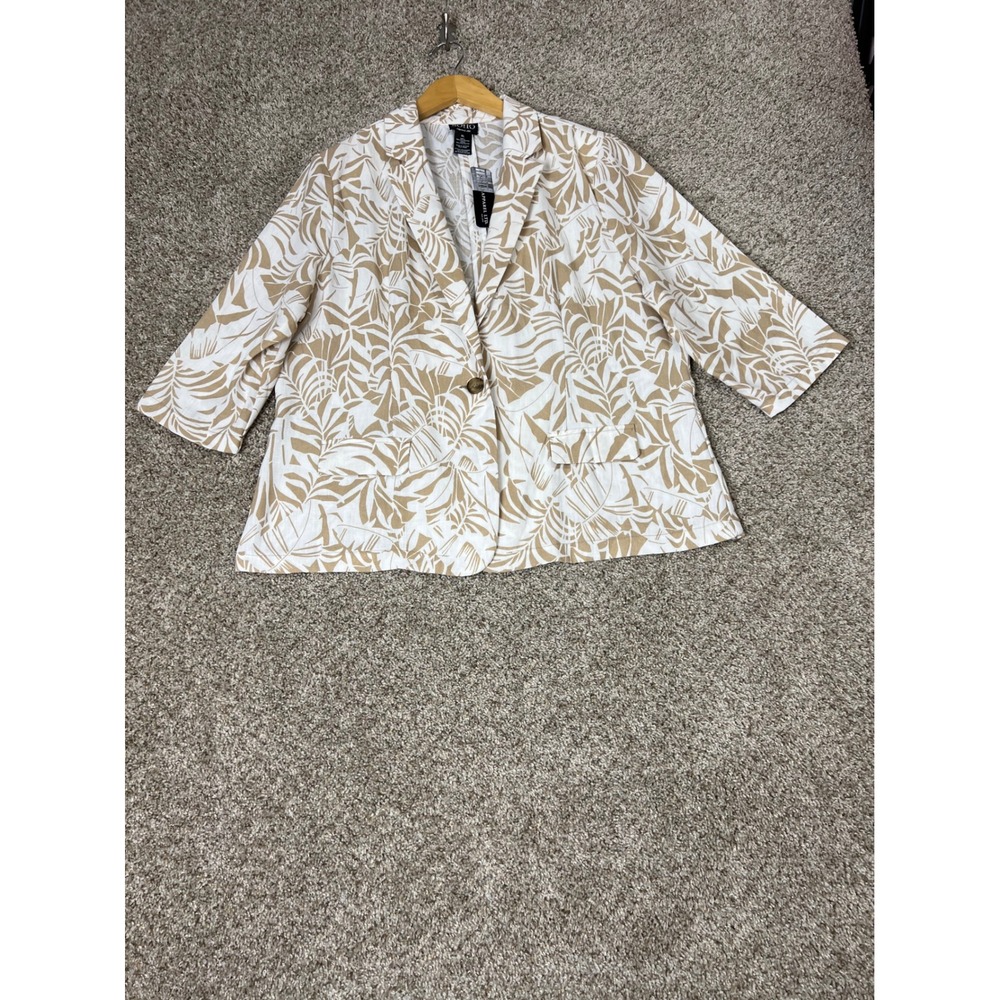 SOHO Apparel Ltd Womens XL Tropical Palm Print Blazer Tan White 3/4 Sleeve NWT